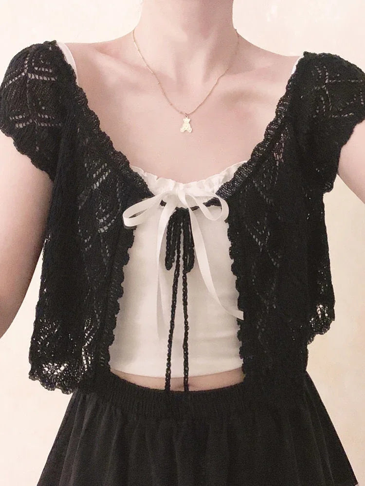 Lolita V-Neck Short Women Thin Cardigan  Sleeve Crop Top Hollow Korean Style Sun Protection Tops Summer Blusas