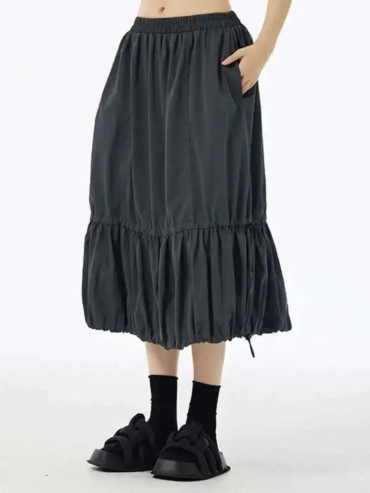High Elastic Waist Black Drawstring Pleated A-line Half-body Skirt Women Fashion Tide New Spring Autumn 2025 1DH6607