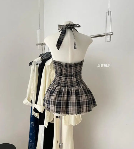 French Vintage Women's Blue Plaid Sleeveless Pleated Tank Top Summer Red High Waist Backless Sexy Halter Bow Bandage Vest Trendy