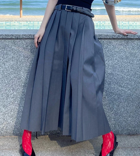 Korean Fashion Midi Skirt For Women High Waist A Line Ruched Solid Minimalist Long Skirts Female Summer Clothes
