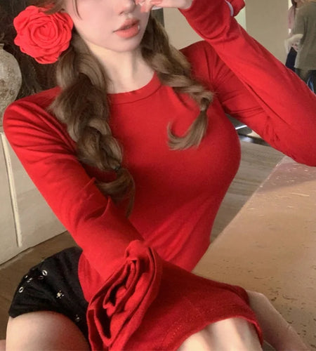 y2k Aesthetic Tops Women Clothes Solid Color Round Neck Long Sleeve T Shirt with 3D Flower 2000s Clothing Club Wear