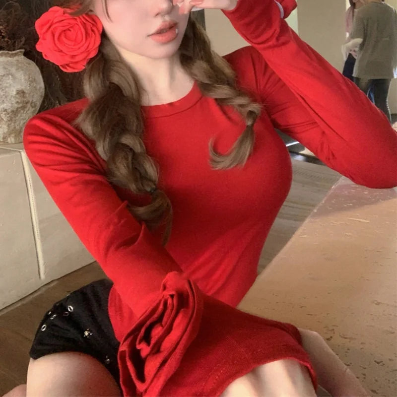 y2k Aesthetic Tops Women Clothes Solid Color Round Neck Long Sleeve T Shirt with 3D Flower 2000s Clothing Club Wear