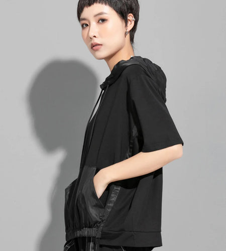 Women Black Thin Drawstring Big Size Casual T-shirt New Hooded Short Sleeve Fashion Tide Spring Summer 2025 1DJ1758