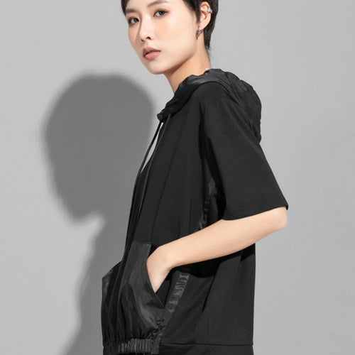 Load image into Gallery viewer, Women Black Thin Drawstring Big Size Casual T-shirt New Hooded Short Sleeve Fashion Tide Spring Summer 2025 1DJ1758
