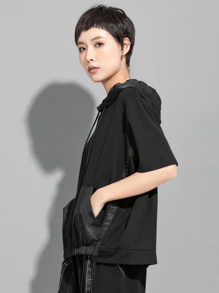 Women Black Thin Drawstring Big Size Casual T-shirt New Hooded Short Sleeve Fashion Tide Spring Summer 2025 1DJ1758