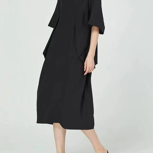 Load image into Gallery viewer, Women Blue Pleated Irregular Big Size Midi Dress New Round Neck Short Sleeve Fashion Tide Spring Summer 2025 1DJ1230
