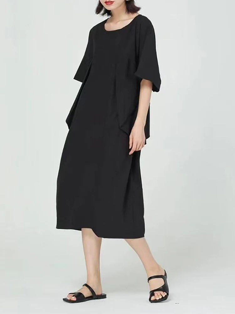 Women Blue Pleated Irregular Big Size Midi Dress New Round Neck Short Sleeve Fashion Tide Spring Summer 2025 1DJ1230