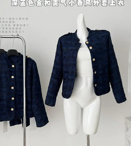 French Vintage 2024 Autumn Winter New Women's Fashion Elegant Long Sleeved Small Fragrant Style Blue Single Breasted Short Coat