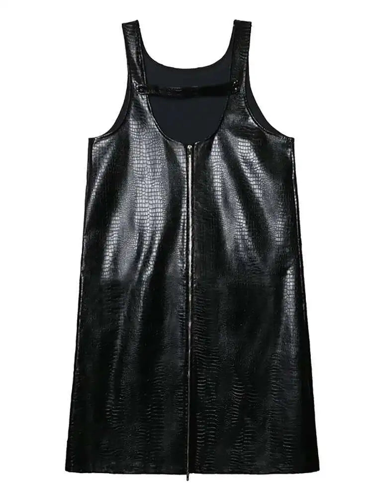 Women Black Big Size PU Leather Zipper Strap Dress New Square Collar Sleeveless Fashion Tide Spring Autumn 2025 1DH4461
