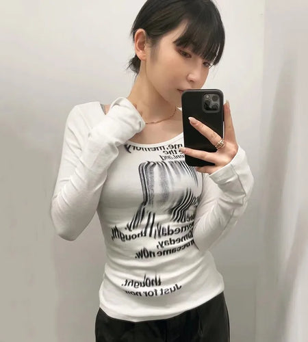 Grunge Print Long Sleeve T-shirt Korean Fashion Graphic T Shirts Y2k Aesthetics Kpop Tops Sexy Slim Tee Shirt Streetwear