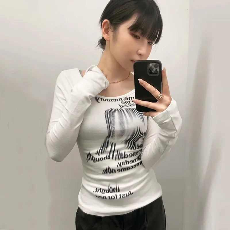 Grunge Print Long Sleeve T-shirt Korean Fashion Graphic T Shirts Y2k Aesthetics Kpop Tops Sexy Slim Tee Shirt Streetwear