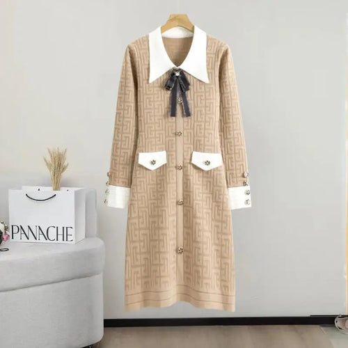 Load image into Gallery viewer, French Patchwork Long Sleeved Lapel Bow Dress Autumn Winter New Temperament Slim Button Knitted A-line Dress Women Chic Clothing
