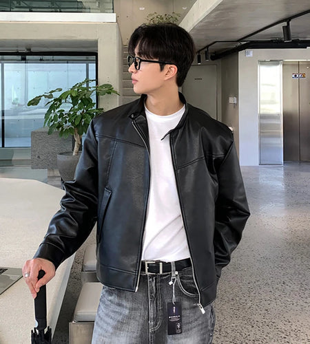 Men's Jacket New American Style Motorcycle PU Leather Trendy Stand Collar Solid Color Stylish Male Casual Clothing 9W1820