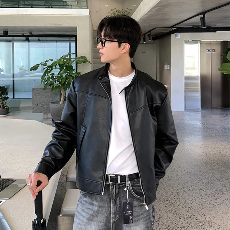 Men's Jacket New American Style Motorcycle PU Leather Trendy Stand Collar Solid Color Stylish Male Casual Clothing 9W1820