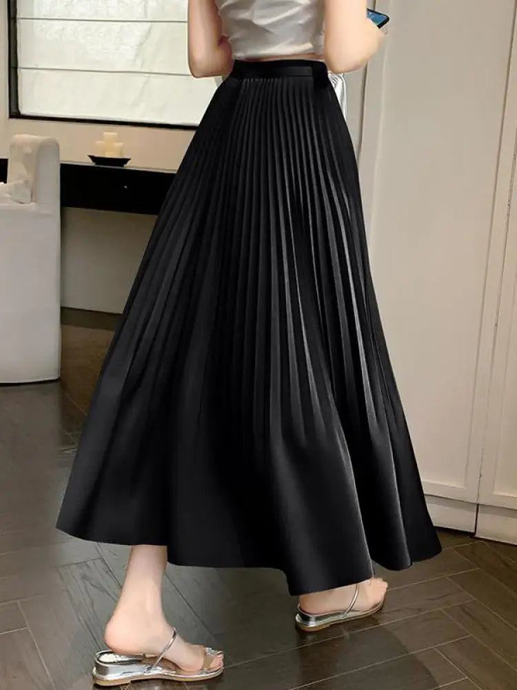Spring Summer New Women Solid Office Elegant Long Skirt French Fashion High Waist Vacation Pleated Half Skirt Popular Streetwear