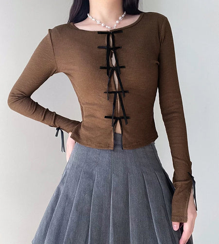 Koean Fashion Bow Knit Women T-shirt Slim Split Cutecore Harajuku Autumn Tee Shirt Coquette Clothes Cropped Top