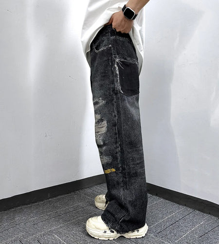 High Street Men's Jeans Trendy Printed Pattern Washed Worn-out Straight Leg Jeans American Style Male Denim Pants 9W1864