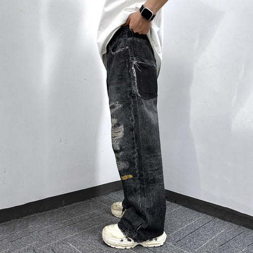 Load image into Gallery viewer, High Street Men's Jeans Trendy Printed Pattern Washed Worn-out Straight Leg Jeans American Style Male Denim Pants 9W1864
