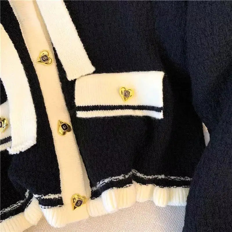 Autumn Winter Black Beige Patchwork Long Sleeves Knitted Sweater French Fashion Women's Elegant Single Breasted Bow Tops Vintage