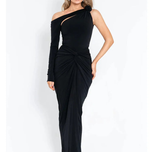 Load image into Gallery viewer, Elegant Single Sleeve Irregular Hollow Out Bodycon Party Club Evening Dress Women Sexy Fold Spring/Summer New Vestido
