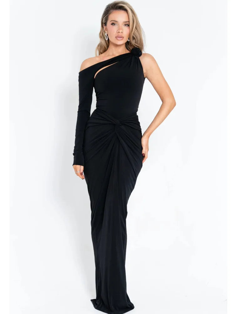Elegant Single Sleeve Irregular Hollow Out Bodycon Party Club Evening Dress Women Sexy Fold Spring/Summer New Vestido