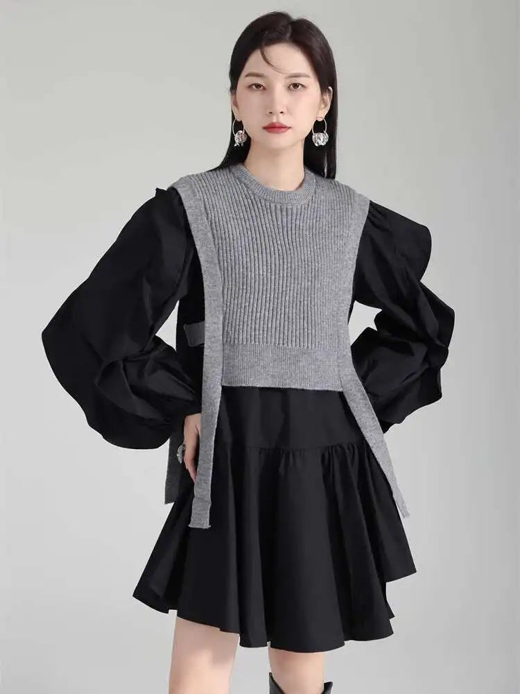 Women Black Knitting Color-block Ruffles Elegant Dress New Round Neck Long Sleeve Fashion Tide Spring Autumn 2025 1DH6758