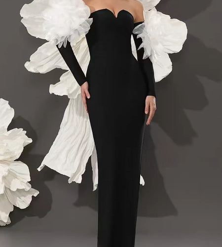 Solid Spliced Mesh Slimming Dresses For Women Slash Neck Long Sleeve High Waist Temperament Dress Female Fahion New