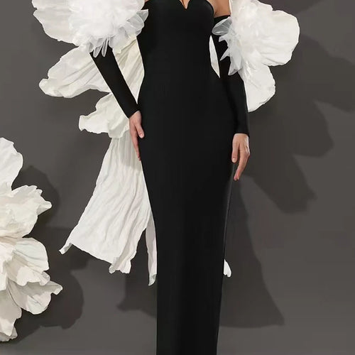 Load image into Gallery viewer, Solid Spliced Mesh Slimming Dresses For Women Slash Neck Long Sleeve High Waist Temperament Dress Female Fahion New
