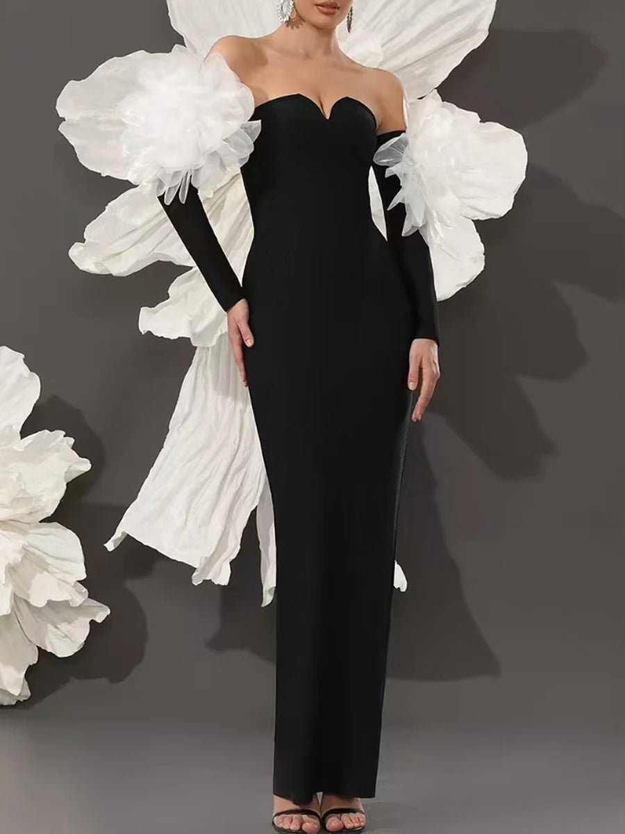 Solid Spliced Mesh Slimming Dresses For Women Slash Neck Long Sleeve High Waist Temperament Dress Female Fahion New