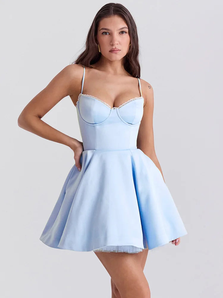 Spaghetti Strap Women Camisole Dress Slim Backless Princess Fluffy Skirt Double Layered Sexy Dress Summer Sweet Vestidos