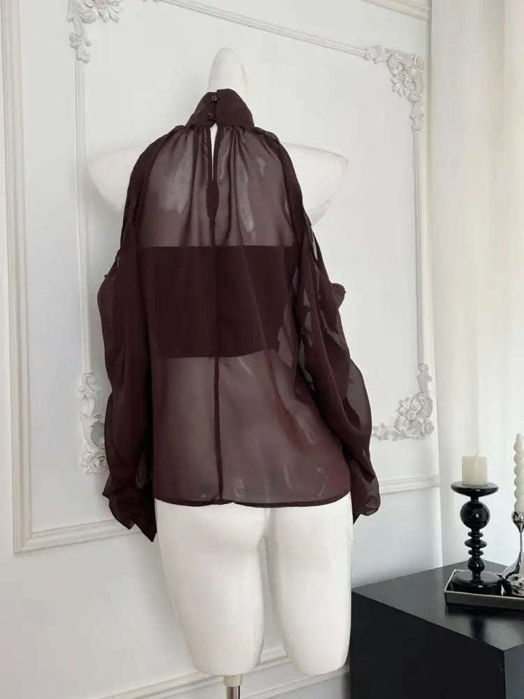 Autumn Brown Flower Elegant Festival Long Sleeve Halter Blouse Women Pullovers Shirt Ladies Off Shoulder Pleated Shirt Fashion