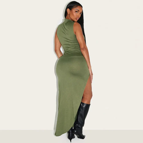 Load image into Gallery viewer, Summer Ruched Split Maxi Dress Women Gown Fashion Solid O Neck Sleeveless High Waist Tank Dress 2025 New Dresses

