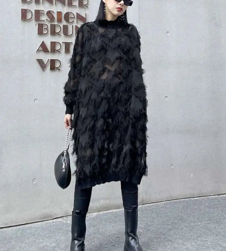 Women Black Tassels Perspective Big Size Knee-Length Dress New Turtleneck Long Sleeve Fashion Spring Autumn 2025 1DH8741