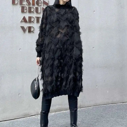 Load image into Gallery viewer, Women Black Tassels Perspective Big Size Knee-Length Dress New Turtleneck Long Sleeve Fashion Spring Autumn 2025 1DH8741
