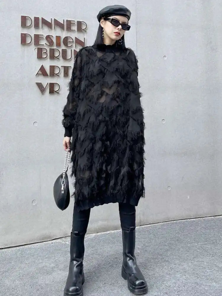 Women Black Tassels Perspective Big Size Knee-Length Dress New Turtleneck Long Sleeve Fashion Spring Autumn 2025 1DH8741
