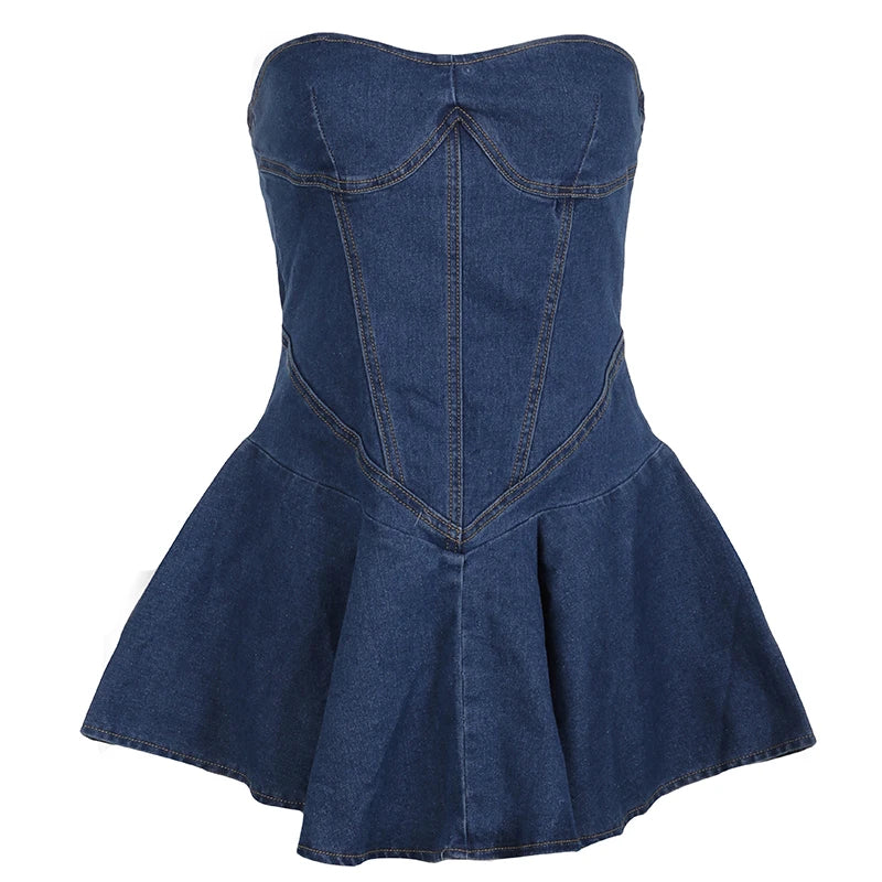 Streetwear Strapless Summer Denim Dress Female Off SHoulder Corset A-Line Sexy Party Min Dresses Club Sundress Solid