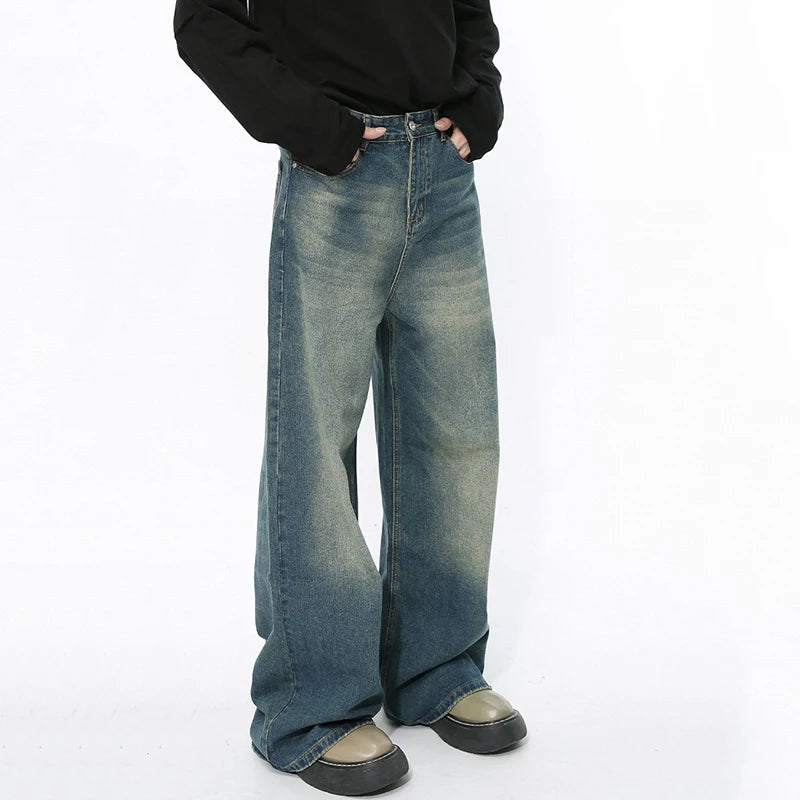 Trendy Men's Straight Jeans Gradient Color Button Pockets Chic Male Wide Leg Denim Pants Casual Spring 9C4510