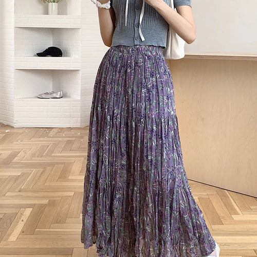 Load image into Gallery viewer, Women Purple Flower Elastic High Waist A-line Pleated Long Skirt Spring Summer New Beach Skirt Fashion Versatile Trendy Bohemian

