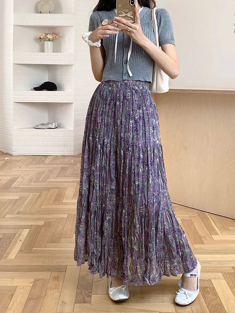 Women Purple Flower Elastic High Waist A-line Pleated Long Skirt Spring Summer New Beach Skirt Fashion Versatile Trendy Bohemian