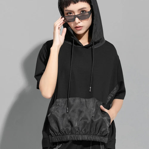 Load image into Gallery viewer, Women Black Thin Drawstring Big Size Casual T-shirt New Hooded Short Sleeve Fashion Tide Spring Summer 2025 1DJ1758
