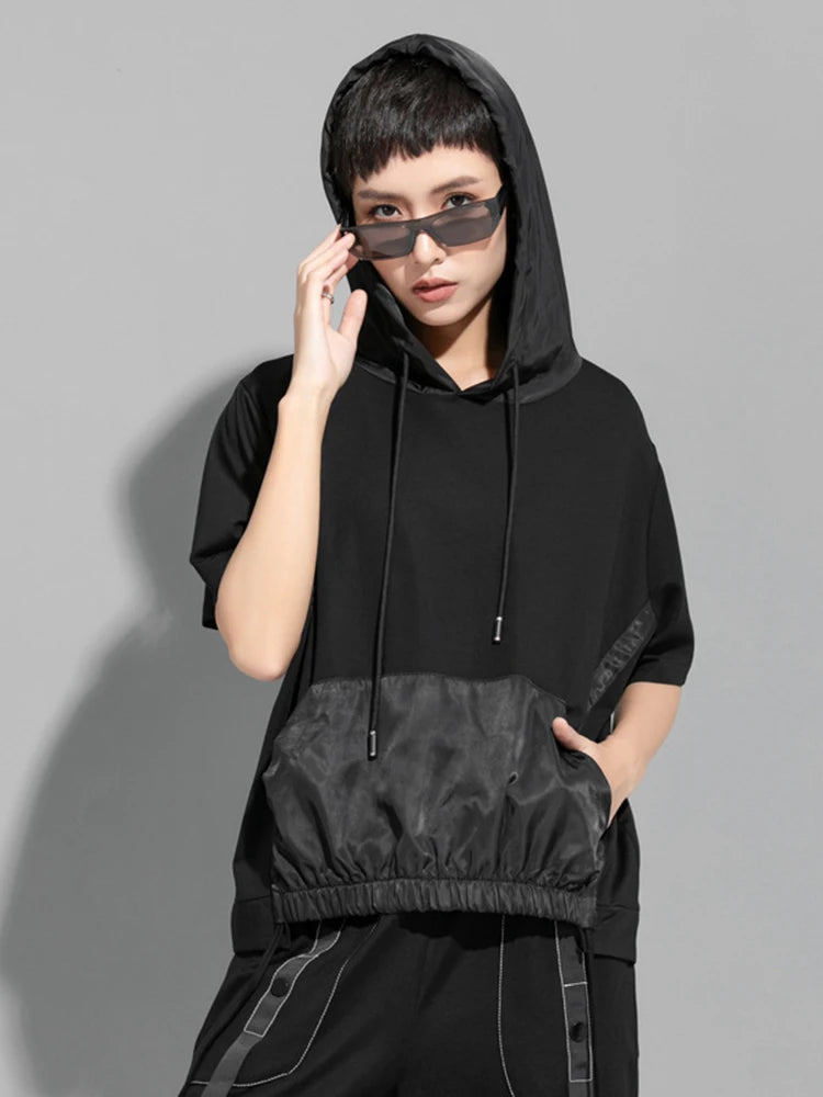 Women Black Thin Drawstring Big Size Casual T-shirt New Hooded Short Sleeve Fashion Tide Spring Summer 2025 1DJ1758