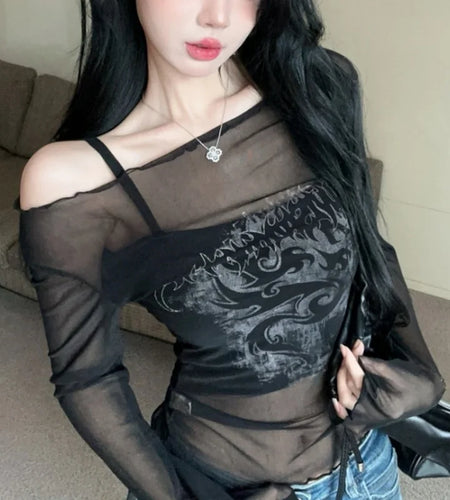 Gothic Tops y2k Clothes Women Graphic Print Off Shoulder Long Sleeve Mesh T Shirts Cyber Grunge Clothing Streetwear