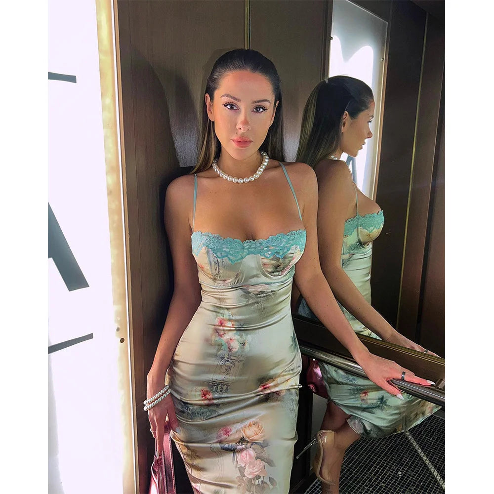 Spaghetti Strap Lace Print Midi Dress For Women Robe Strapless Backless High Waist Bodycon Club Party Long Dress