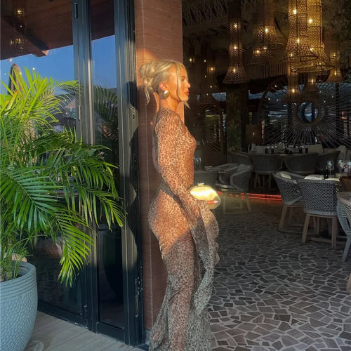 Load image into Gallery viewer, One Shoulder Leopard Print Maxi Dress Women Inclined Shoulder Backless Beach Holiday Vacation Club Sexy Long Dress
