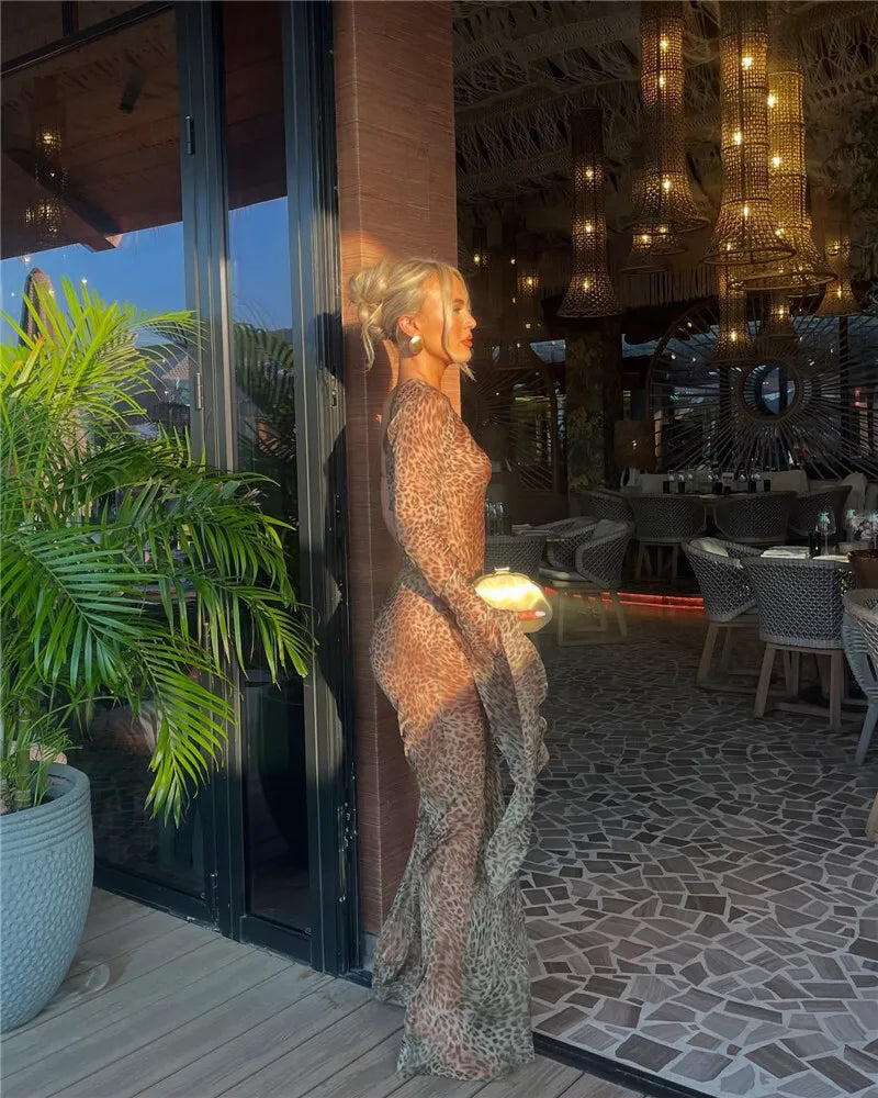 One Shoulder Leopard Print Maxi Dress Women Inclined Shoulder Backless Beach Holiday Vacation Club Sexy Long Dress