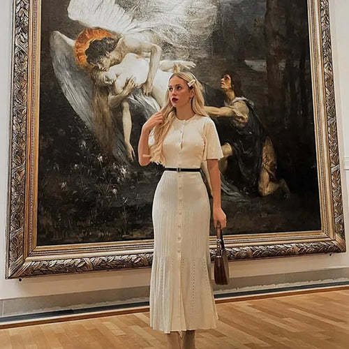 Load image into Gallery viewer, Elegant Solid Pleated Hem Women Knit Midi Dress Chic O-neck Short Sleeve Single-breasted Hip Wrap Dresses Lady High Street Robes
