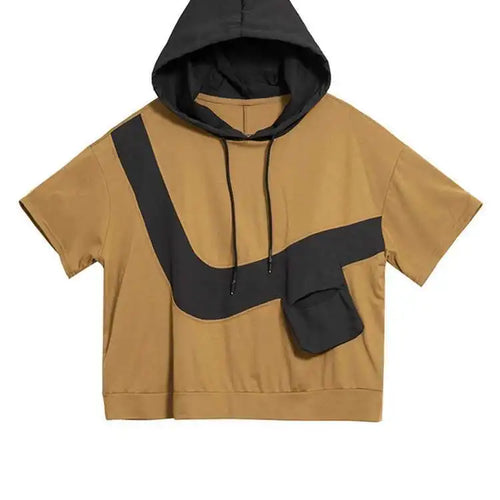 Load image into Gallery viewer, Women Yellow Pocket Color-block Big Size Casual T-shirt New Hooded Short Sleeve Fashion Tide Spring Summer 2025 1DH9834
