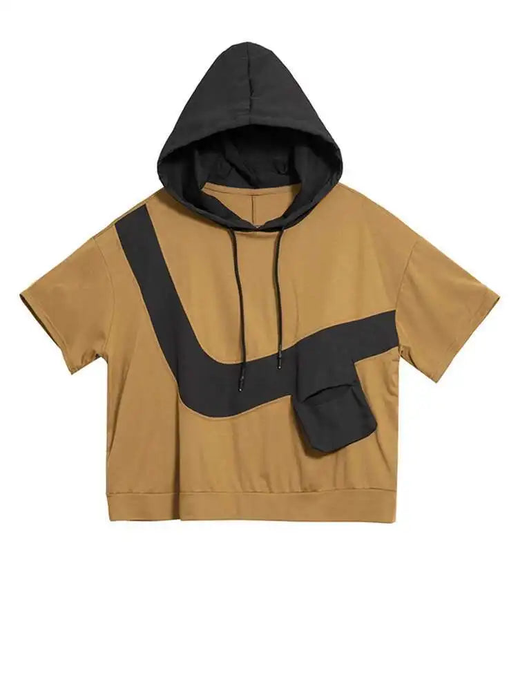 Women Yellow Pocket Color-block Big Size Casual T-shirt New Hooded Short Sleeve Fashion Tide Spring Summer 2025 1DH9834