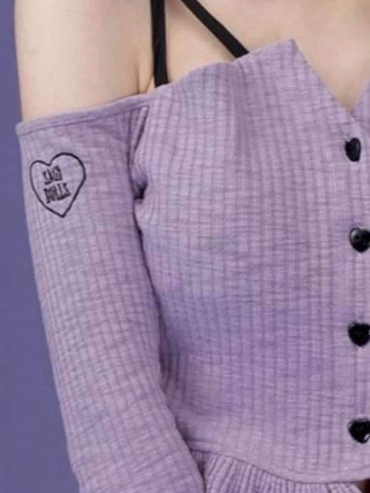 Slash Neck Y2k Aesthetic Embroidery Tshirts Purple Sweet Ruffled Women Slim Cropped Tees Vintage Harajuku Flare Sleeve T-shirt