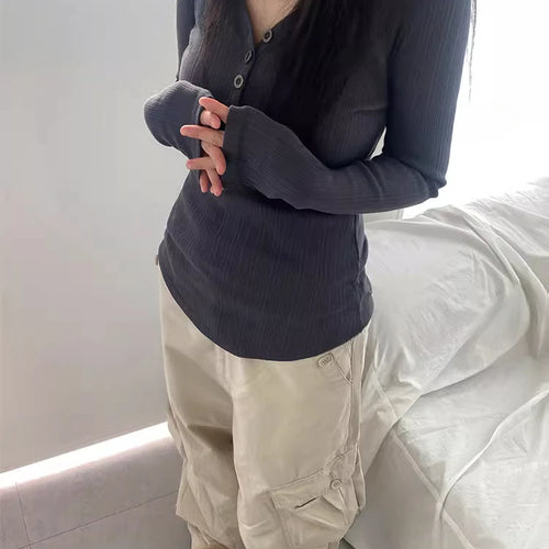 Load image into Gallery viewer, Autumn Y2k Aesthetic Vintage Solid Ribbed Tees Streetwear Half Open Collar Casual Tshirts Women Harajuku Grunge Bottoming Tops
